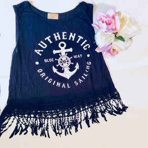 Cute Fringe Tank Top with Anchor Print